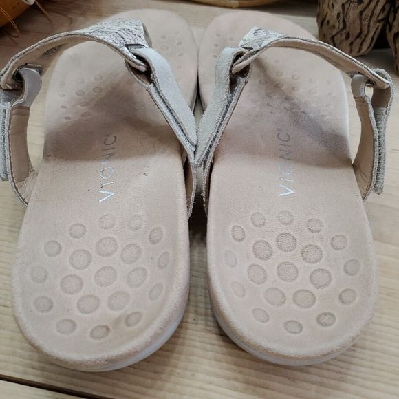 Vionic Wanda Sandals Leather Snake Adjustable Post Toe Bone Comfort Womens 9/41 - Picture 10 of 12